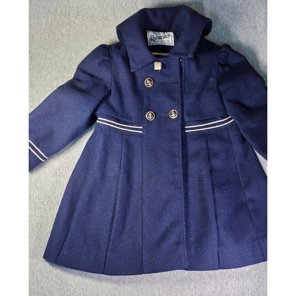 Vintage Rothschild Girls Navy Blue Wool Blend Pea Coat Anchor Buttons USA Made